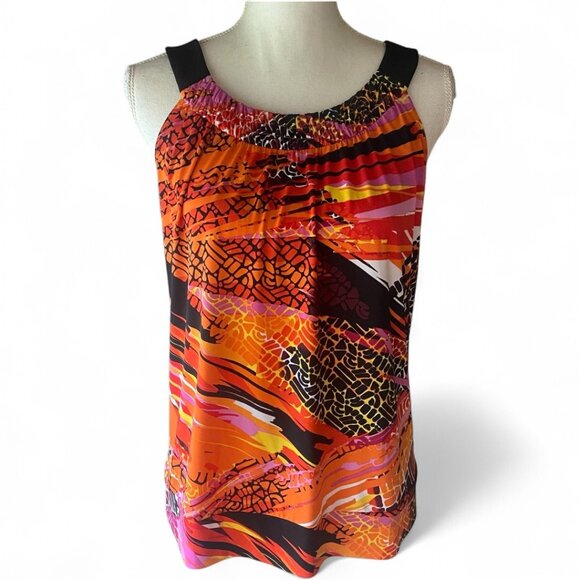 AB Studio Colorful Tropical Boho Tribal Y2K Sleeveless Stretch Blouse Shirt M - Picture 1 of 10